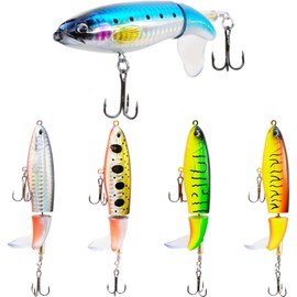 Topwater Fishing Lures,5pcs Fishing Popper Plopping Minnow with Floating Rotating Tail,Artificial Hard Bait Buzzbait Spinnerbait Freshwater Saltwater