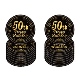 Paper Plates 50th Birthday, Pack of 16 Disposable Birthday Plates, 18 cm Paper Plates Disposable for Boys Girls, Black and Gold Paper Plates for Party Birthday, Happy 50th Birthday Disposable Plates