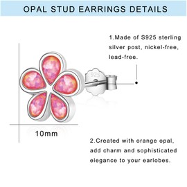 Sterling Silver Stud Earrings for Women Grils, Silver Pink Opal Flower Stud Earrings Hypoallergenic Jewelry Gifts for Birthday Wedding, 10mm
