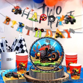 Monster Truck Party Supplies for Boys,115pcs Monster Truck Party Tableware Set-Monster Truck Plates and Cups&Monster Truck Napkins Tablecloth etc Monster Truck Birthday Party Supplies