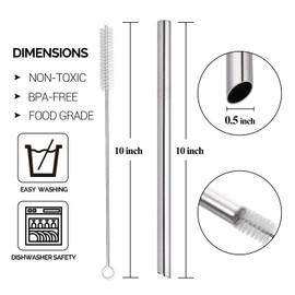 [Angled Tips] 5 Pcs 10" Reusable Bubble Tea Straws & Smoothie Straws, 0.5" Wide Stainless Steel Straw, Metal Straw for Boba, Tapioca Pearl, Milkshakes, Jumbo Drinks | 2 Cleaning Brushes