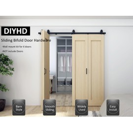 DIYHD 84" Bi-Fold Sliding Barn Door Hardware for 4 Doors,Fit Max Door Width 80",Smooth and Quietly Top Mount Folding Roller,Rustic Black,(No Doors)