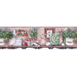 CONCORD WALLCOVERINGS ™ Wallpaper Border Vintage Pattern Kitchen Shelf Vegetables Kettle Herbs, Die Cut Edge for Kitchen Cottage Farmhouse, Brown Green Red, 15 ft by 6.5 in SMB5252DC