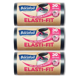 Bacofoil Elasti-Fit Bin Liners - 30L Recycled bin bags, 3 Rolls (36 Bags) - Leak-Proof, Elastic Fastening for Secure Fit - Made from 100% Recycled Plastic - Eco-Friendly Waste Disposal.