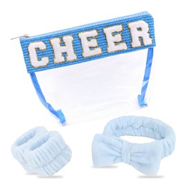 Cheer Gifts Makeup Bag Clear Chenille Letter Tote Waterproof PVC Travel Stuff For Girls Mom Women Team Cheerleaders Teacher Coaches. (Blue)