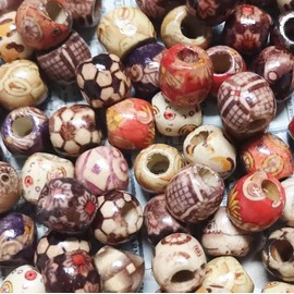 BetterJonny Pack of 200 Wooden Beads with Large Hole, Printed Pattern, Natural Oval Wooden Beads for Threading, Wooden Ball, Spacer, Beads, Craft Beads for DIY Jewellery, 17 mm