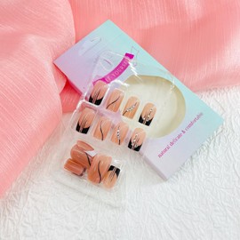 French Press on Nails Medium Square Fake Nails with Designs Rhinestone Glue on Nails Black Lines Acrylic False Nails Glossy Artificial Nails Full Cover Stick on Nails for Women 24Pcs