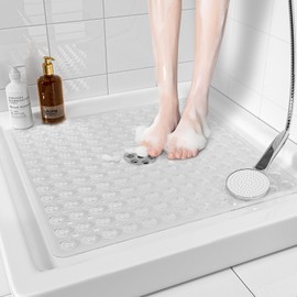 XIYUNTE Square Shower Mat Non Slip Anti Mould - 53 x 53cm Rubber Shower Mat for Inside Shower, Anti Slip Shower Mats with Drain Holes & Suction Cups, Machine Washable, Clear