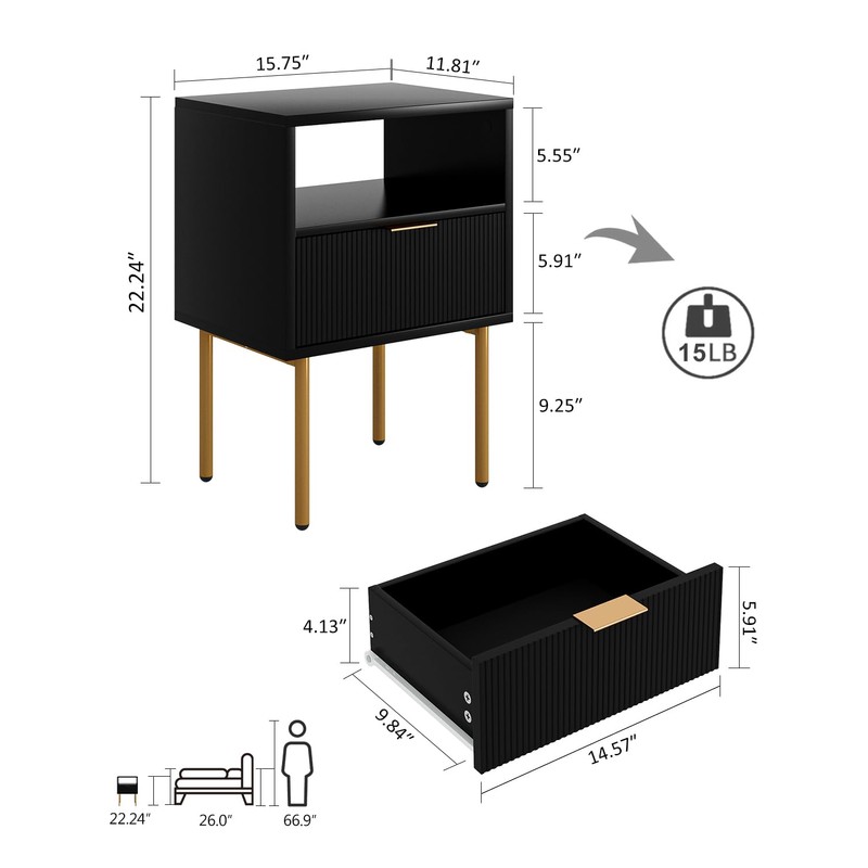 AEPOALUA Nightstand,Morden Bedside Table with Gold Frame,Small Black Night Stand,End