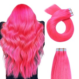 YILITE 20inches Pink Tape in Human Hair Extensions, Seamless, Silky Straight