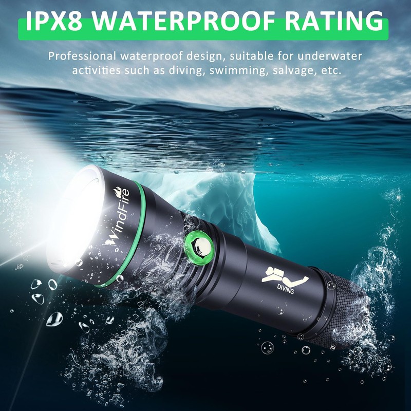 WINDFIRE Rechargeable Scuba Diving Flashlight, Super Bright LED Dive Light,