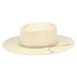F4111-BROWN Wide Flat Brim Pork Pie Straw Fedora Hat with String Band - Natural