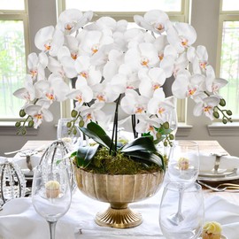 Orchid White 31.5" Real Touch Signal Stem Phalaenopsis Orchid Spray with 9 Large Flowers for Home Arrangement, Artificial Flowers for Home Decor, Office House Decor- White Orchids Flowers 2 Pcs