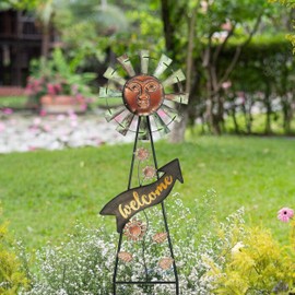 TERESA'S COLLECTIONS Garden Decor with Solar Outdoor Lights, Wind Spinner Yard Art Sign for Outside, 26'' Bronze Metal Sun Face Windmill Decorative Garden Stake for Lawn Ornaments, Gifts for Mom