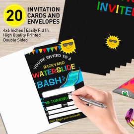 Water Slide Birthday Invitations for Boys with Envelopes, Bash Invites for Birthday Pool Party Waterslide, Splish Splash Summer Birthday Party Invitations Cards, Waterslide Bash, 4"x6" Set of 20
