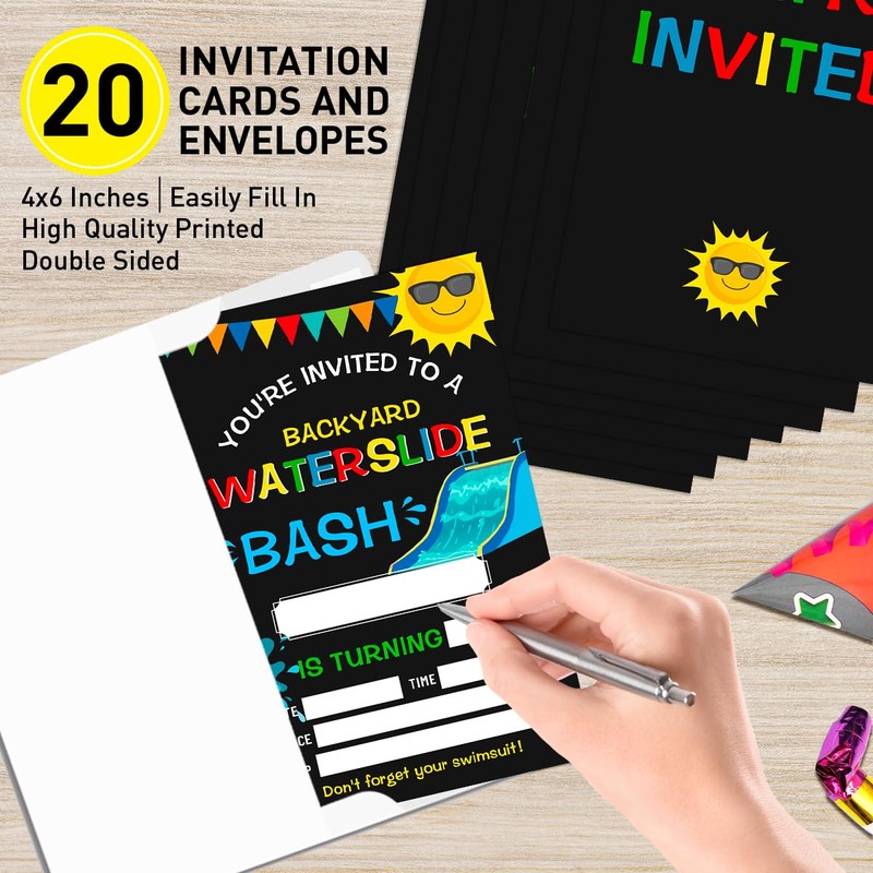 Water Slide Birthday Invitations for Boys with Envelopes, Bash Invites