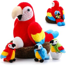 Meooeck 7 Pcs Macaw Parrot Plush Toys Set 13 Inch Large Mommy Parrot Stuffed Animal with Belly Zipper, Nest, Egg and 3 Cute Baby Parrots Plushies for Kiddos Birthday Gifts Tropical Hawaii Party Decor