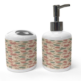Ambesonne Botanical Soap Dispenser & Toothbrush Holder Set, Forest Scene of Various Leaves Mushrooms, Ceramic Bathroom Toiletry Accessories, 2 Pcs, Champagne Peacock Green