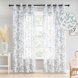 Transparent Curtains, Grey Leaves on White, Voile Curtains with Eyelets, Transparent Curtains, Pattern, Transparent Curtains for Decoration, Living Room, Bedroom, Children's Room, 2 Pieces (140 x 180