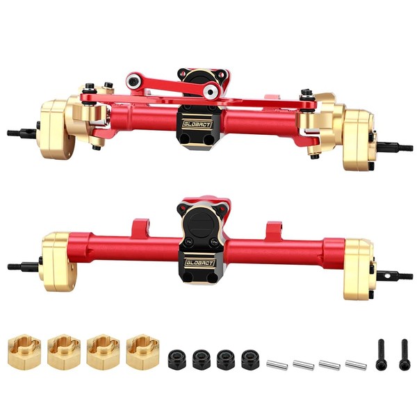 GLOBACT for 1/24 Axial SCX24 Axle Aluminum & Brass Front and Rear Portal Axle Housing with Steel Gears and Drive Shaft RC Crawler Car Upgrade Accessories (Red)