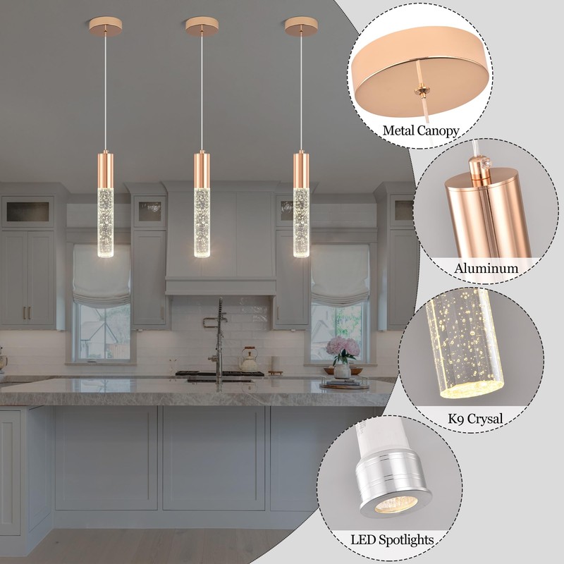 Upfelw 3-Pack Modern Crystal Pendant Light for Kitchen Island, Elegant