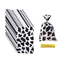 JIHUOO 100 Pcs Cow Print Gift Bags Farm Animal Candy Bags Party Favor Bags Plastic Goodie Bags Cellophane Treat Bags Cowgirl Cowboy Birthday Bags with Twist Ties