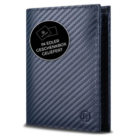 RUTAKO Men's Leather Wallet with RFID Protection, Large Wallet with Coin Compartment, 12 Compartments, Genuine Leather Wallet for Men, Wallet, Carbon blue, Portrait