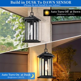 MYHXQ 13.4'' Dusk to Dawn Outdoor Pendant Lights for Porch, Black Hanging Porch Light with Seeded Glass, Waterproof Outdoor Chandelier Farmhouse Outdoor Ceiling Light Fixture Lanterns, 1Pack