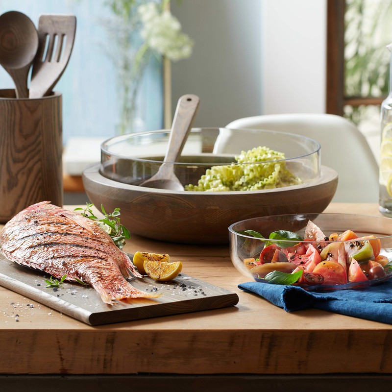 Prologue Serving, 12 in, Clear Nesting Wood and Glass Bowls