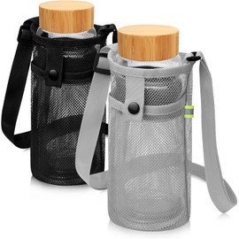 2 Pcs Mesh Water Bottle Holder with Adjustable Shoulder Strap - Water Bottle Sling, Beach Bottle Bag - Ideal for Sports, Gym, Hiking, Camping, Walking, and Travel Essentials (Black/Grey)