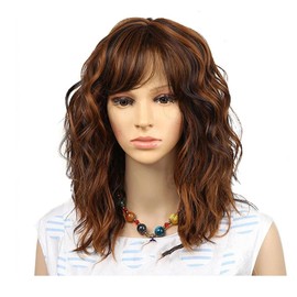 Short Bob Wig Synthetic Natural Side Bangs Curly Heat Hair For Women Blonde Natural Wave Shoulder Length Cosplay P27613 16inches