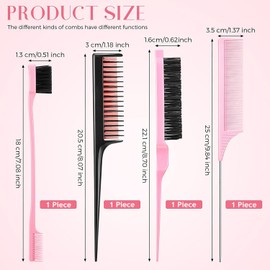 4 Pcs Hair Styling Comb Kit, Teasing Comb Brush Set Includes Fluffy Hair Brush, Double Sided Edge Control Brush, Triple Teasing Comb, Fine Metal Rat Tail Comb for Man Women Professional Barber (Pink)