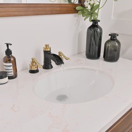 BWE Widespread Bathroom Faucet 3 Hole Black and Gold 8 Inch Two Handles Commercial Bathroom Sink Faucet with Brass Pop Up Drain Stopper and Supply Lines Bath Vanity Lavatory Mixer Tap