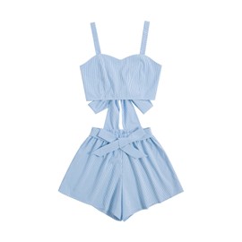 SweatyRocks Conjunto de 2 piezas para mujer, sin mangas, con lazo en la espalda, conjunto de playera corta y pantalones cortos, Azul Teal, M