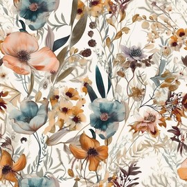 MuralPeel Boho Light Brown Flowers Teal Blue Floral Leaf Plants Vintage Watercolor Peel and Stick Wallpaper Self Adhesive Removable Easy Peel Off Stick on Wall Paper for Bedroom Cabinet Renter