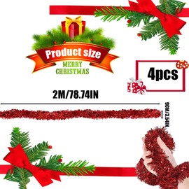 Bukezudang Shiny Tinsel Garland, Christmas Tinsel Garland, Metallic Shiny Christmas Tree Garland, for Christmas Tree Decoration, Christmas Party, Red