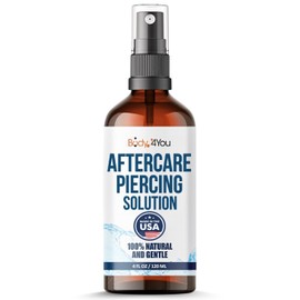 BodyJ4You Piercing Aftercare Solution - Saline Cleanser Natural Recovery Formula - Ear Gauges Nose Navel - Wound Wash Keloid Treatment Bump Removal - Sea Salt Aloe Rosemary - 4 Fl Oz Glass Bottle
