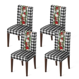 Horaldaily 4PCS Christmas Dining Chair Covers,Buffalo Plaid Christmas Balls Stretch Removable Washable Slipcover Chair Protector for Dining Room Home Decor