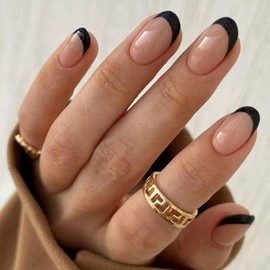 modelones Black French Tip Press On Nails, Christmas Short Oval Fake Nails Press Ons with Nail Glue, Adhesive Tabs, Nail File, Prep Pad, Manicure Stick, 32Pcs 16 Sizes