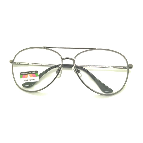 Aviator Reading glasses no line bifocal progressive clear lens style Pilot Multi 3 Power Focus (Black, 2.00)