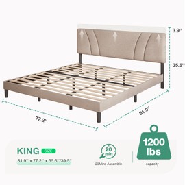 Novilla King Size Bed Frame with Adjustable Headboard Platform King Bed Frame Linen Fabric Upholstered Headboard, No Box Spring Needed, Noise-Free, Wooden Slats Support, Easy Assembly, Beige