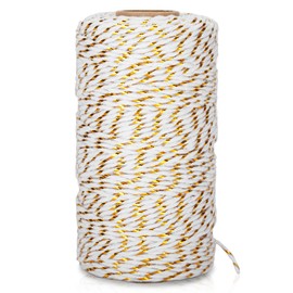 KINGLAKE Gold Twine String - 2mm Cotton Bakers Twine 328 Feet Gold White Metallic Christmas Holiday String for Gift Wrapping Crafts Baking Holiday Decoration