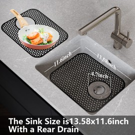 YUBIRD Sink Protectors for Kitchen Sink - 13.58"x 11.6" Sink Mats, 2 PCS Silicone Kitchen Sink Mat for Bottom of Stainless Steel Sink(Black, Rear Drain)