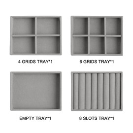 Frebeauty Small Jewelry Tray Set,Stackable Velvet Jewelry Organizer Tray,Mini Jewelry Drawer Organizer,Drawer Inserts,4.92 x 3.74 x 0.9 Inches,Earring Organizer for Women(Set 4,Grey)