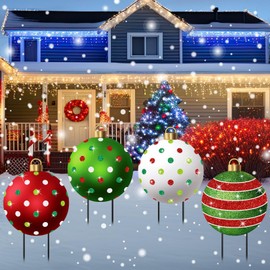 Nuanchu 4 Pcs Metal Christmas Balls Yard Signs Glitter Xmas Yard Sign Stake 21.3 Inches Xmas Waterproof Lawn Signs Christmas Outdoor Decorations for Outside Christmas Home Garden Holiday Party Decor