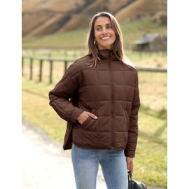 Bianstore Women's Oversized Splice Quilted Lightweight Puffer Jacket Casual Padded Coat(Coffee-Large)