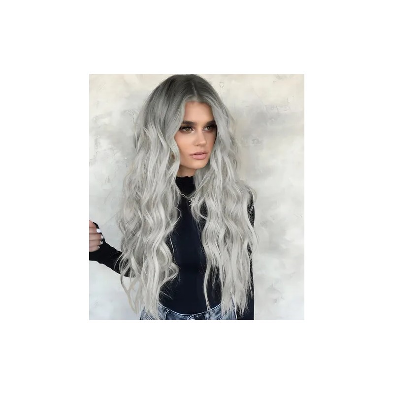 Peluca Larga De Mujer Color Gris Degradado Pelo Ola Natural