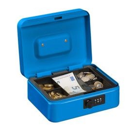 Relaxdays Cash Box, 3-Digit Number Combination, Coin Insert, Iron Money Box, Cash Box, HBT 8.5 x 20 x 17 cm, Blue