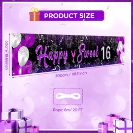 Purple 16th Birthday Decorations Banner for Girls Happy Sweet 16 Birthday Yard Banner Black Purple and Silver 16th Birthday Yard Sign for 16th