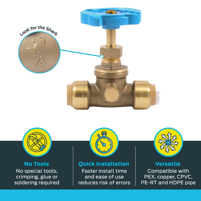 SharkBite 1/2 Inch Stop Valve with Drain and Vent, Push
